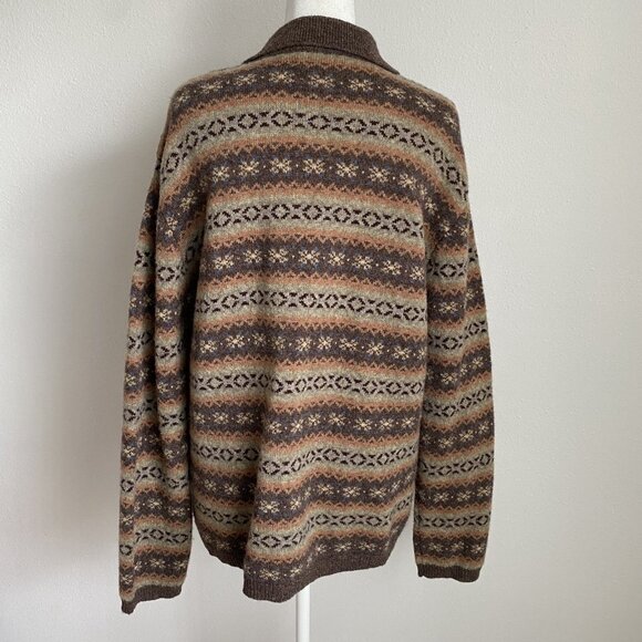 VTG Lauren Ralph Womens XL 100% Lambswool Fair Isle Cardigan Sweater Brown/Tan - Picture 2 of 9